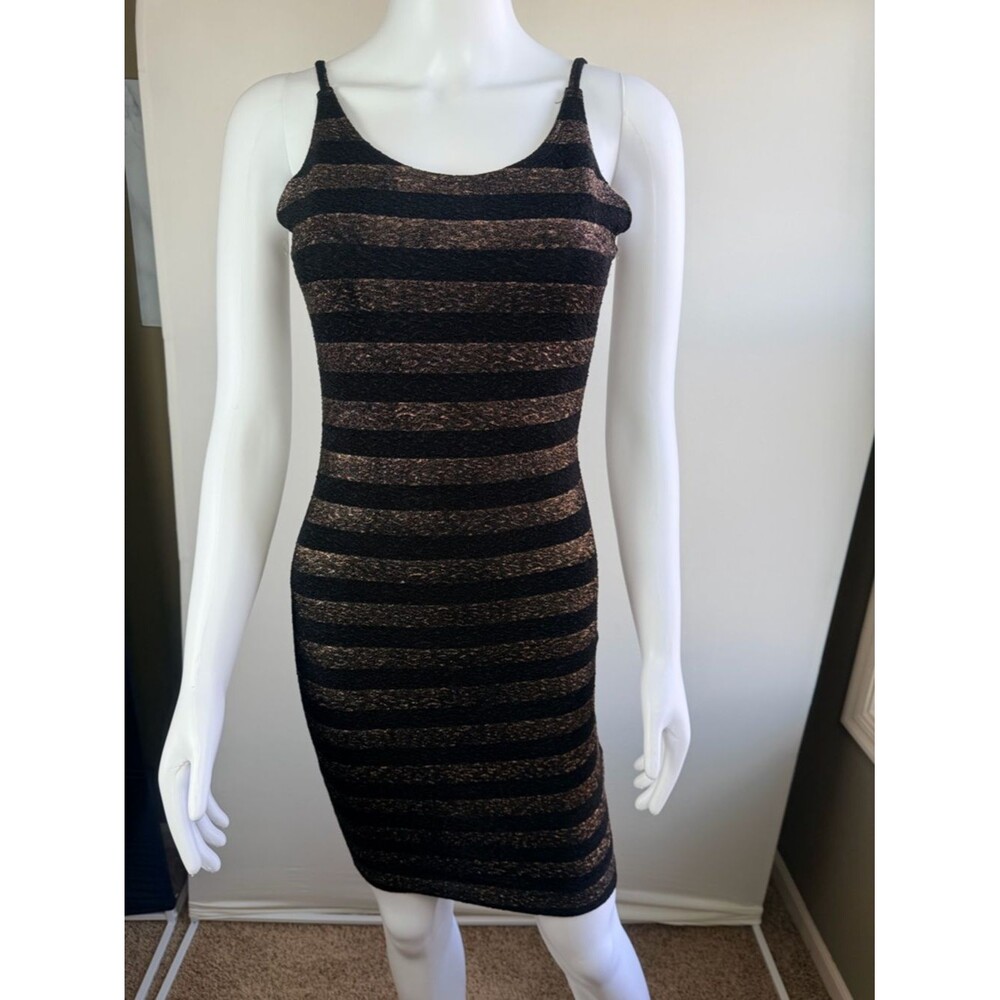 Black Gold Metallic Striped Bodycon Mini Dress Low Back Ruched Small